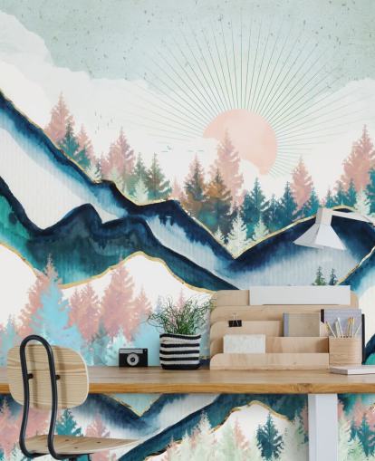 papel de parede de arte da marinha e montanha rosa