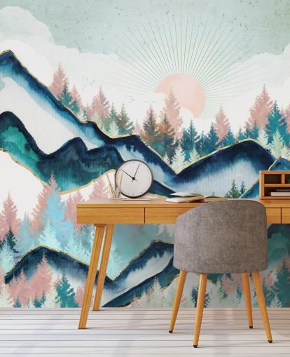 marineblå og rosa fjell kunstverk tapet