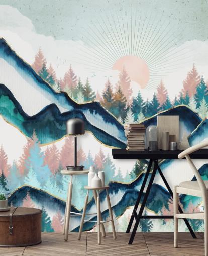 papel pintado de montaña azul marino y rosa