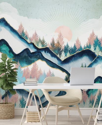 papel pintado de montaña azul marino y rosa