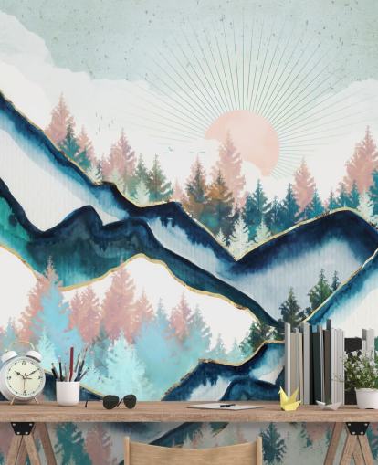 marine blauw en roze berg kunstwerk behang