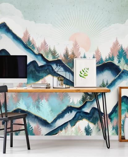 marine blauw en roze berg kunstwerk behang