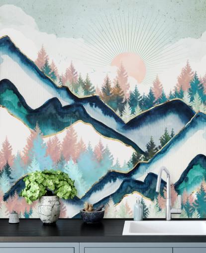 papel pintado de montaña azul marino y rosa papel pintado de montaña azul marino y rosa