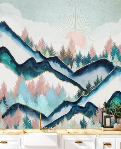 carta da parati grafica di montagna blu e rosa