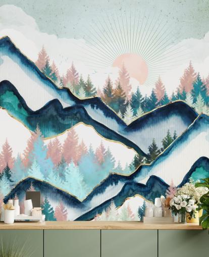 papel de parede de arte da marinha e montanha rosa