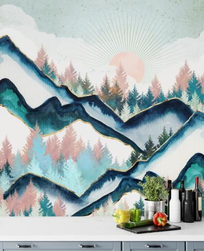 navy and pink mountain artwork wallpaper