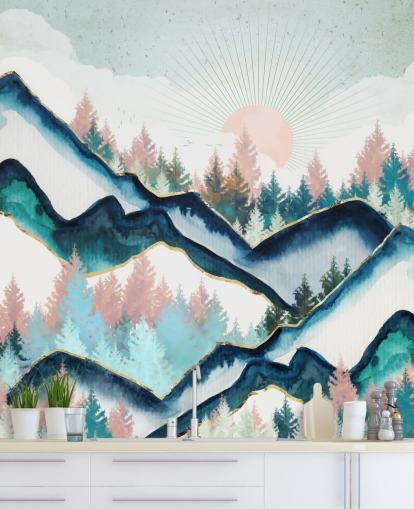 papel pintado de montaña azul marino y rosa papel pintado de montaña azul marino y rosa