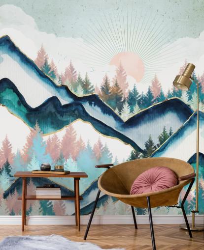 papel pintado de montaña azul marino y rosa