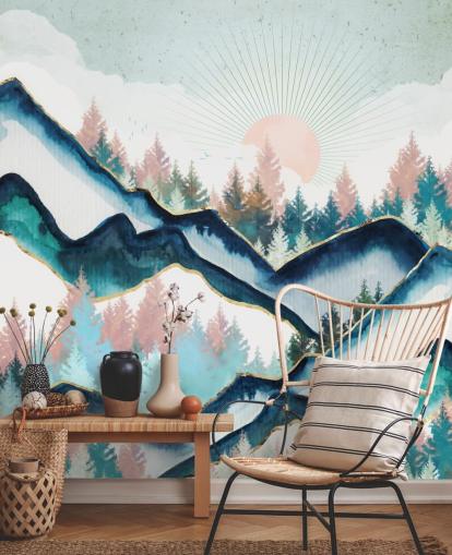 navy og pink bjerg kunst tapet