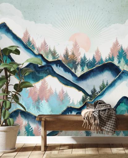 marineblå og rosa fjell kunstverk tapet marineblå og rosa fjell kunstverk tapet