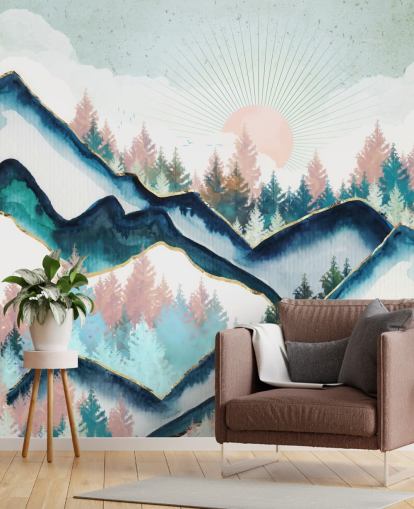 papel pintado de montaña azul marino y rosa