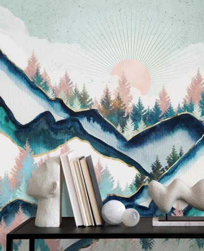 marine blauw en roze berg kunstwerk behang