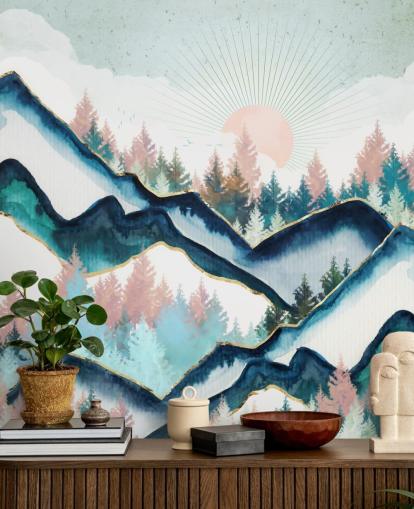 navy and pink mountain artwork wallpaper