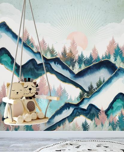 papel pintado de montaña azul marino y rosa