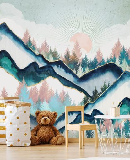 papel pintado de montaña azul marino y rosa