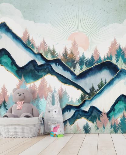 navy and pink mountain artwork wallpaper