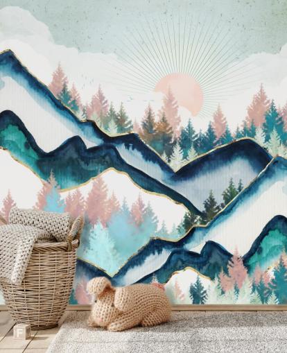 marine blauw en roze berg kunstwerk behang marine blauw en roze berg kunstwerk behang