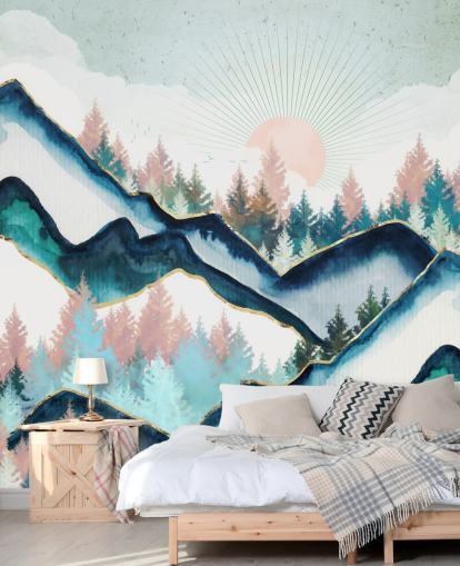 papel pintado de montaña azul marino y rosa