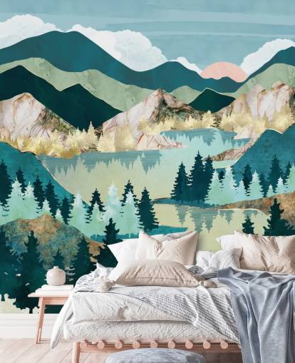 papier peint paysage abstrait vert et bleu