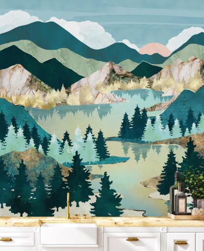 papier peint paysage abstrait vert et bleu