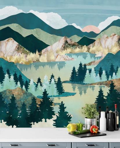 papier peint paysage abstrait vert et bleu