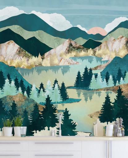 papier peint paysage abstrait vert et bleu