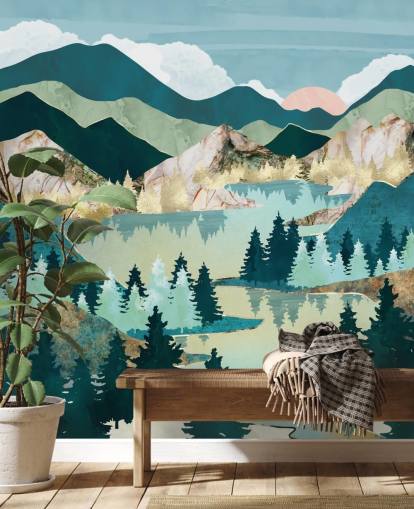 papier peint paysage abstrait vert et bleu