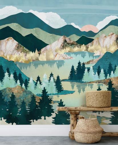 grønn og blå abstrakt landskap tapet