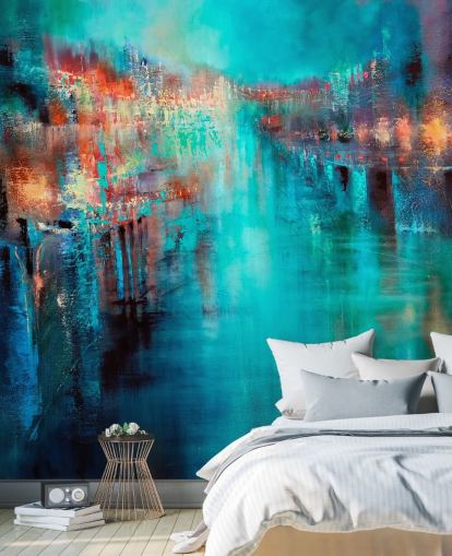 turquoise city painting wallpaper