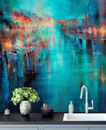 turquoise city painting wallpaper