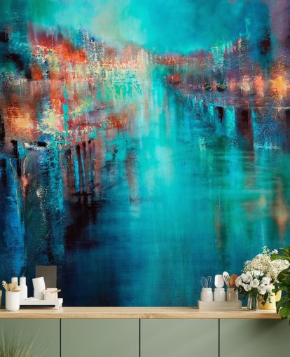 turquoise city painting wallpaper