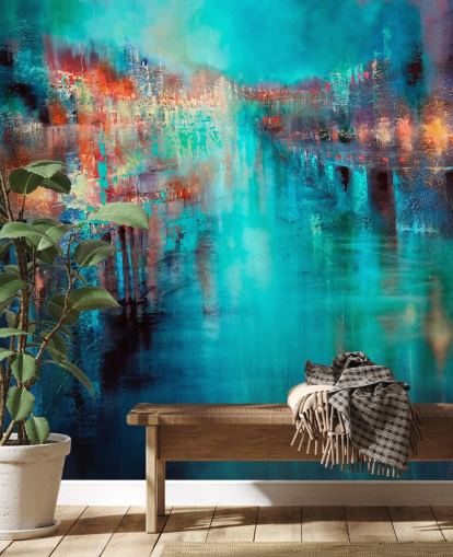turquoise city painting wallpaper