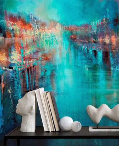 turquoise city painting wallpaper