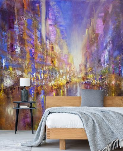 purple abstract city painting wallpaper