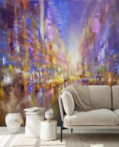 purple abstract city painting wallpaper
