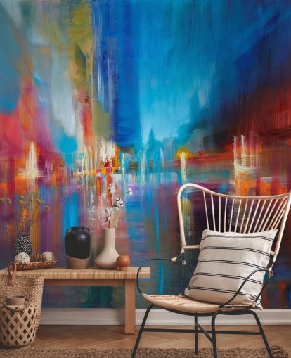 blauw en rood schilderij behang