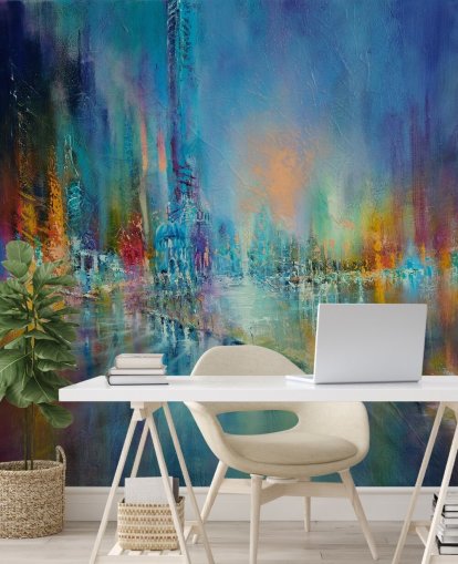 colourful painting of a city wallpaper
