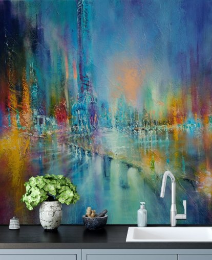 colourful painting of a city wallpaper
