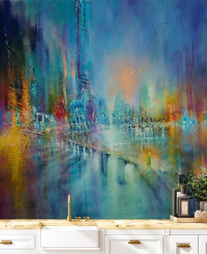 colourful painting of a city wallpaper