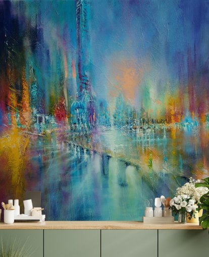 colourful painting of a city wallpaper