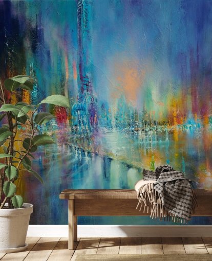 colourful painting of a city wallpaper