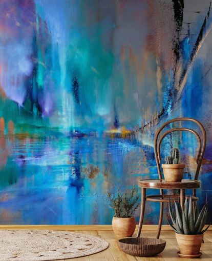 abstract blue painting of bridge wallpaper