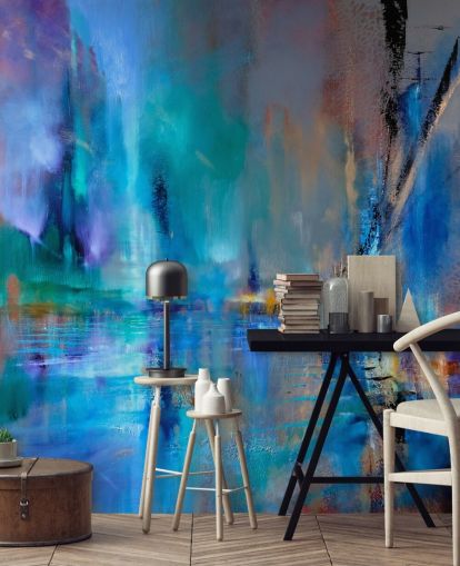 abstract blue painting of bridge wallpaper