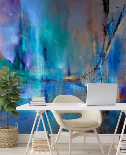 abstract blue painting of bridge wallpaper
