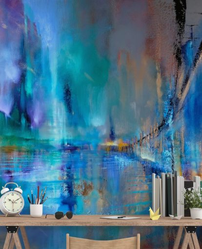 abstract blue painting of bridge wallpaper