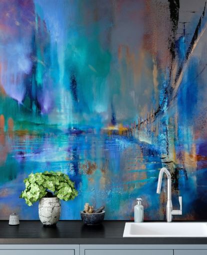 abstract blue painting of bridge wallpaper
