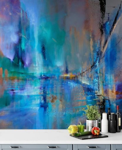 abstract blauw schilderij van brugbehang abstract blauw schilderij van brugbehang