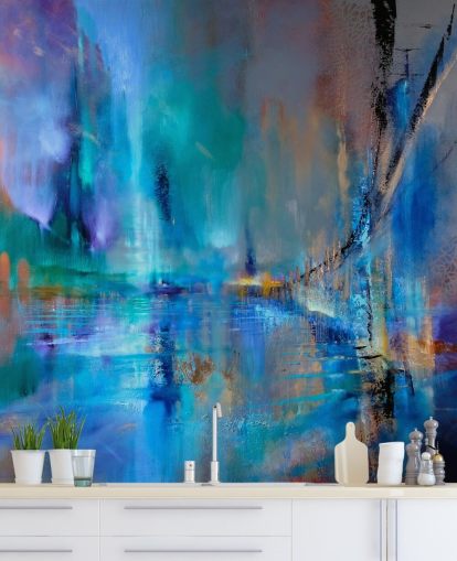 abstract blue painting of bridge wallpaper