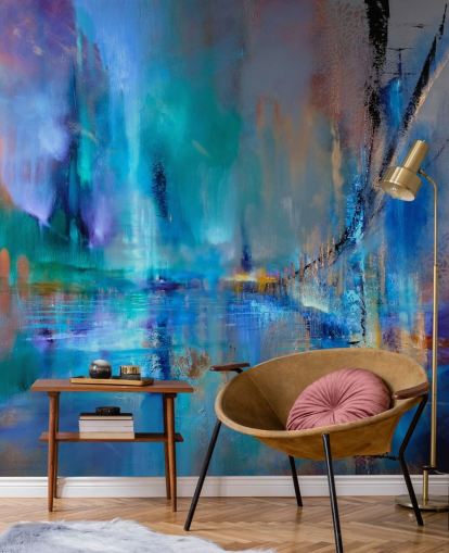 abstract blue painting of bridge wallpaper