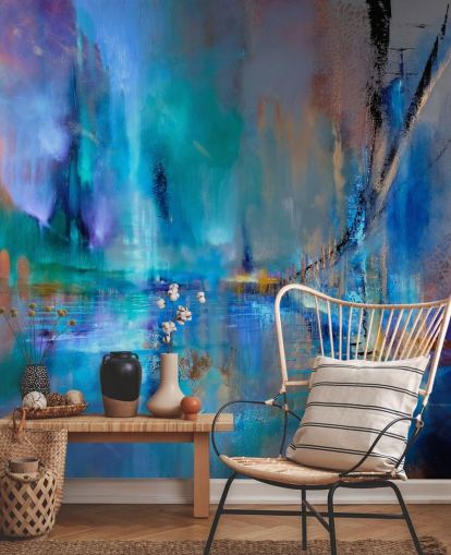 abstract blue painting of bridge wallpaper